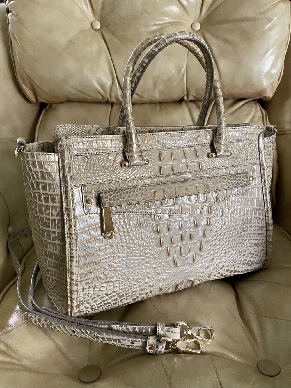 LKNW Brahmin Harper Birch Large Satchel Beige/Gold/Silver Melbourne